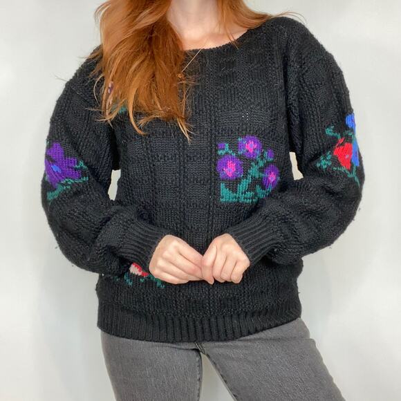 Vintage Kenneth Gordon Oversized Medium 100% Wool Floral Print Boatneck Sweater - Picture 2 of 8